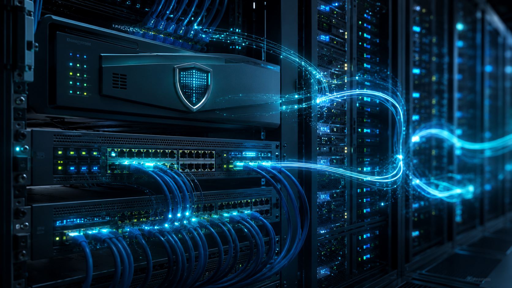 Server rack with network cabling and security shield