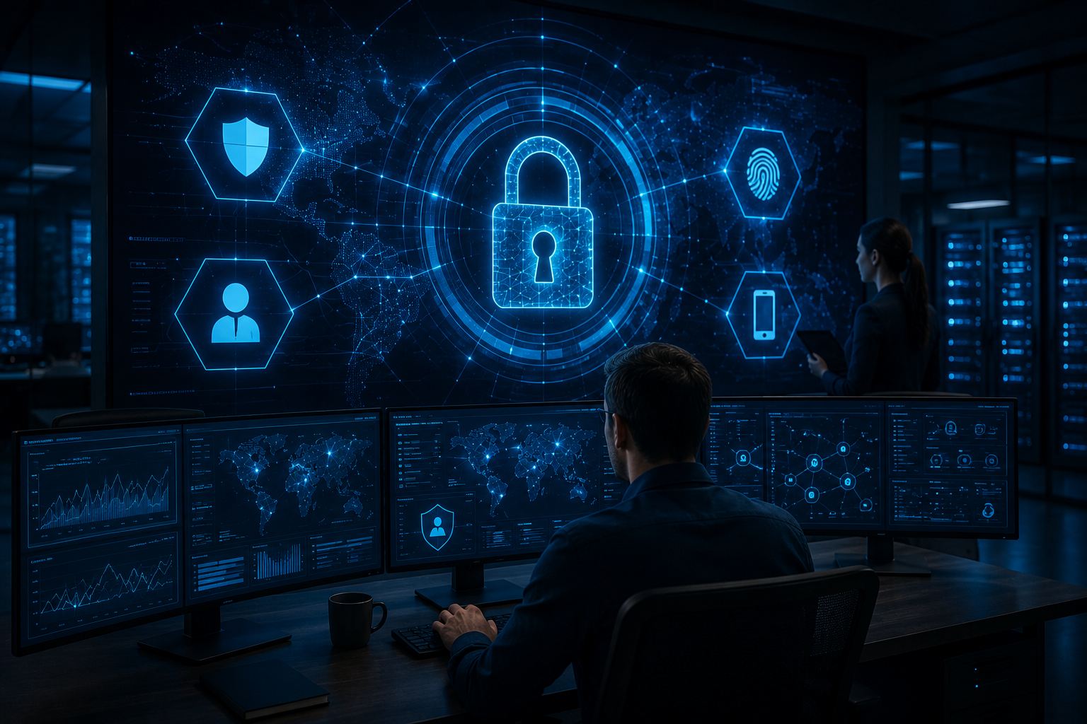 IT analyst reviewing security posture across multiple monitors