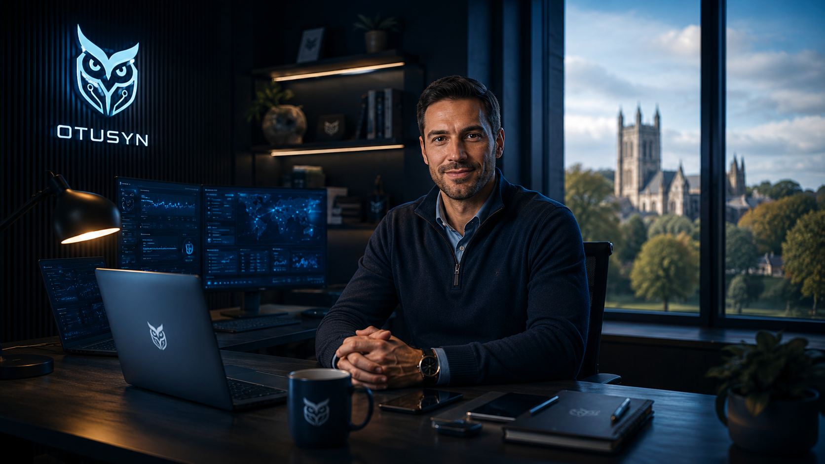 OTUSYN founder at desk with branded setup