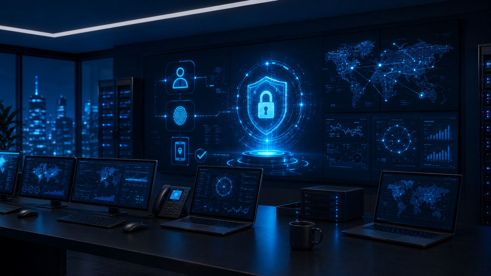 Security operations centre with threat monitoring displays