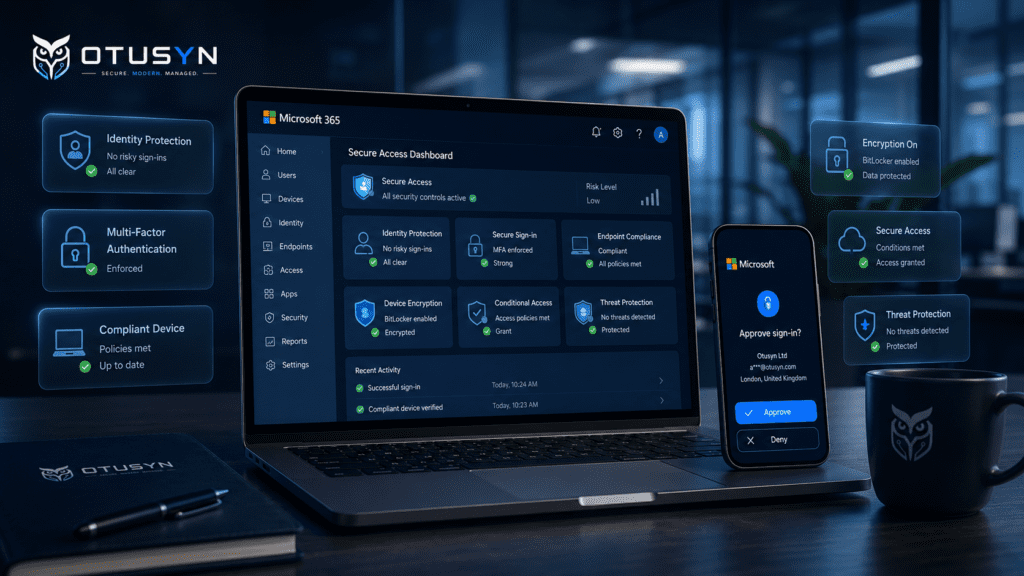 Microsoft 365 identity protection and endpoint compliance working together to secure user access.
