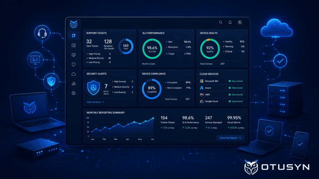 Managed IT service dashboard showing support tickets, device security, cloud health and IT performance reporting.