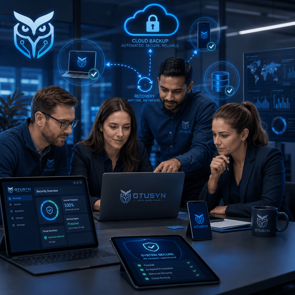 Managed business devices, cloud backups and staff awareness working together to improve cybersecurity.