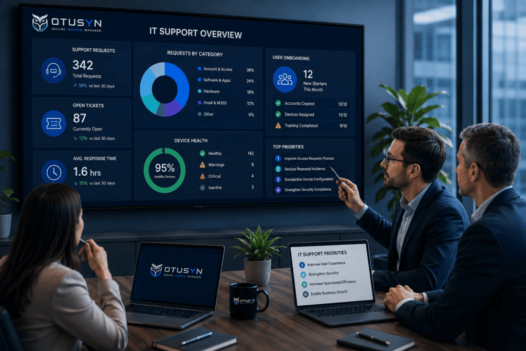 Business leaders assessing their IT support model using service performance, support processes and technology priorities.