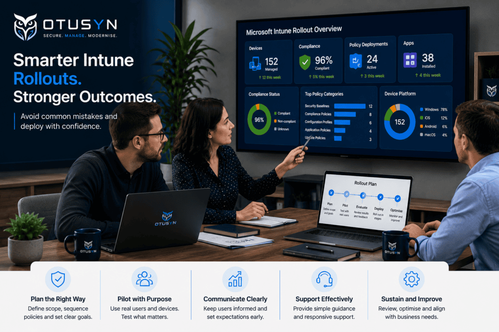 Small IT team reviewing Microsoft Intune rollout progress, policy deployment, device compliance and endpoint management priorities