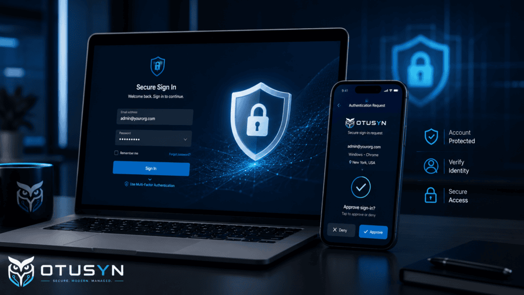 Multi-factor authentication for growing organisations showing a secure login, smartphone verification prompt and account protection.